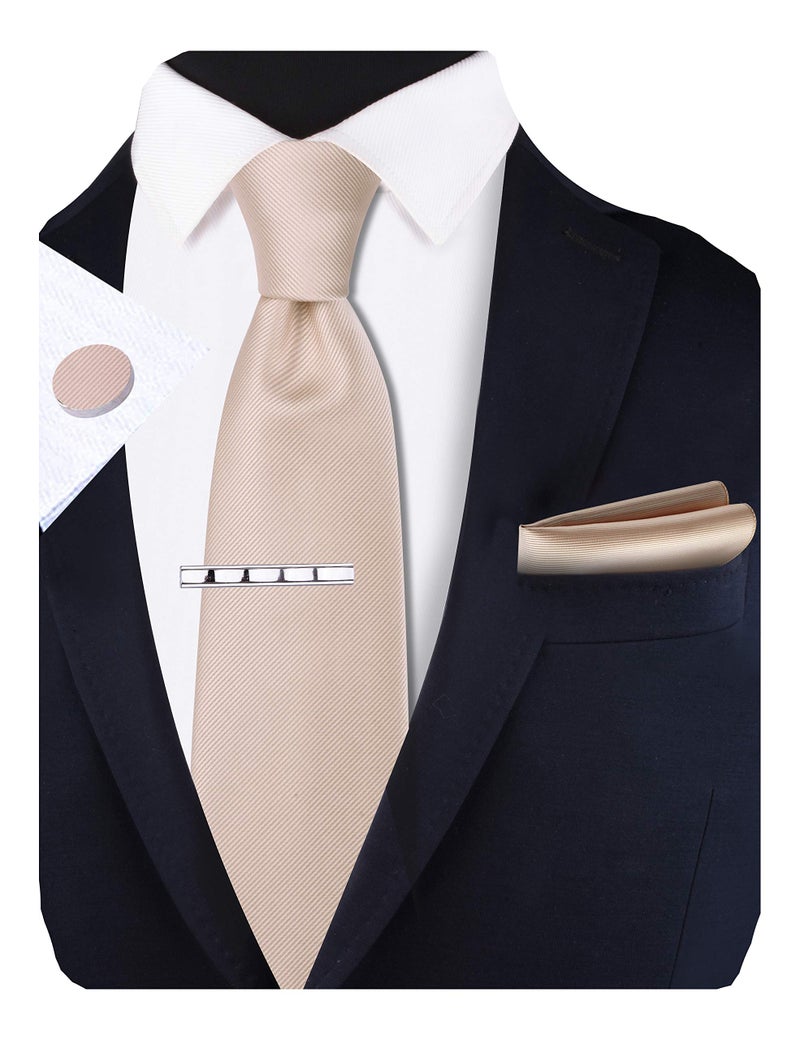 GUSLESON Men's Solid Silk Tie Champagne Ties for Men Necktie Clip Pocket Square Cufflinks Sets (6101-10) - Image 1